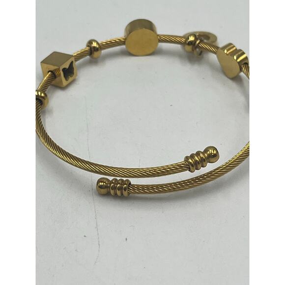 Roman Numeral Geometric Green Charms Gold Tone Stainless Steel Bangle Bracelet - Picture 10 of 10